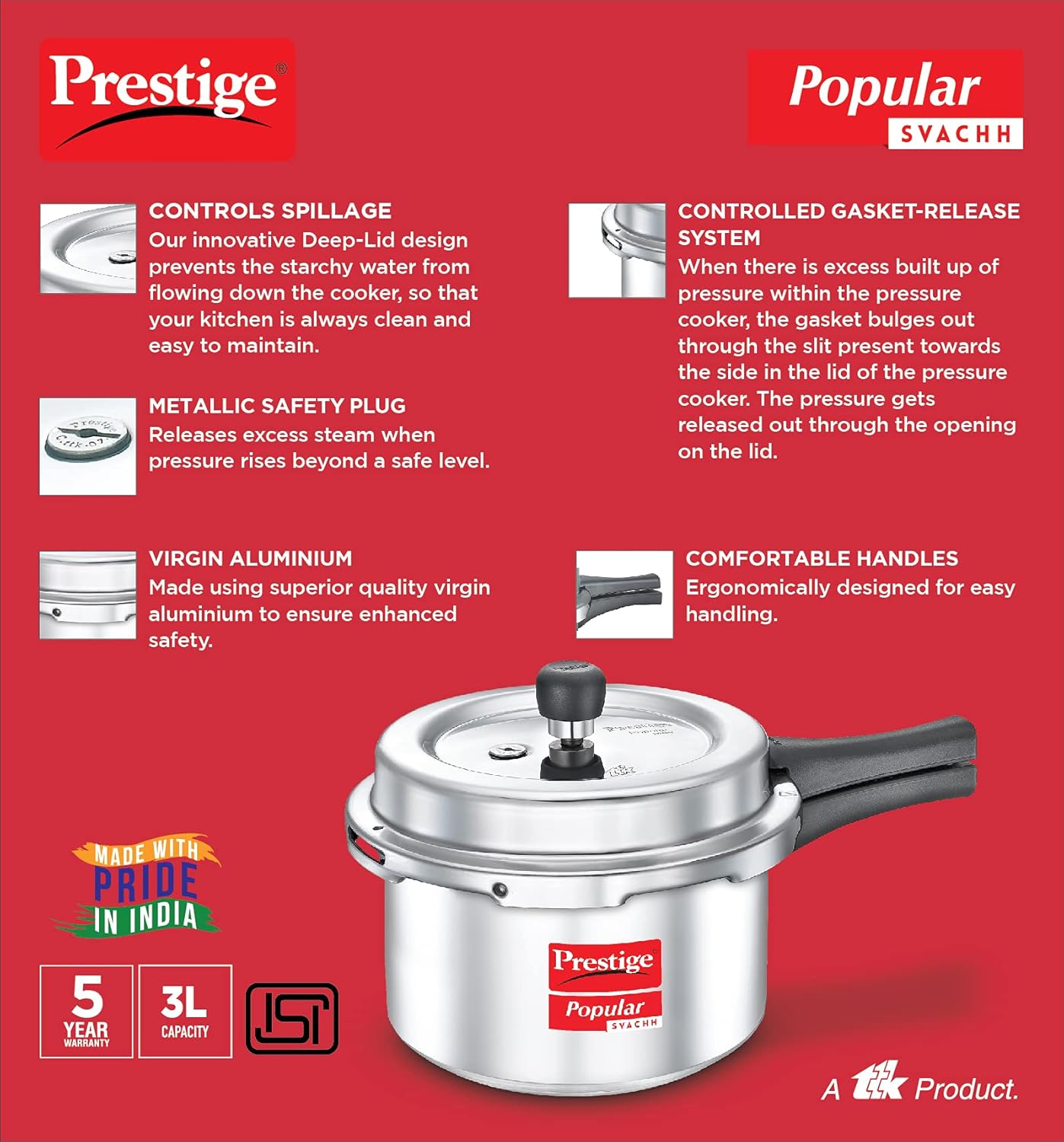 Prestige Popular Svachh Virgin Aluminium Spillage Control Outer Lid Pressure Cooker,3 Liter(Silver)