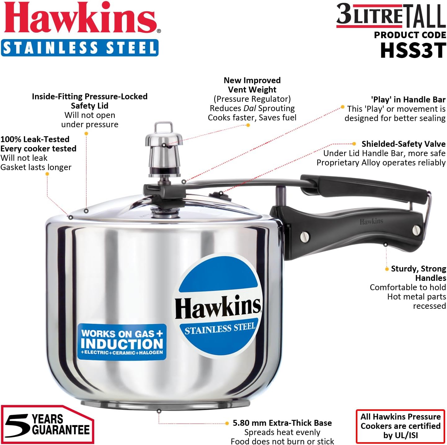 Hawkins Stainless Steel Tall Pressure Cooker, 3 Litre Capacity