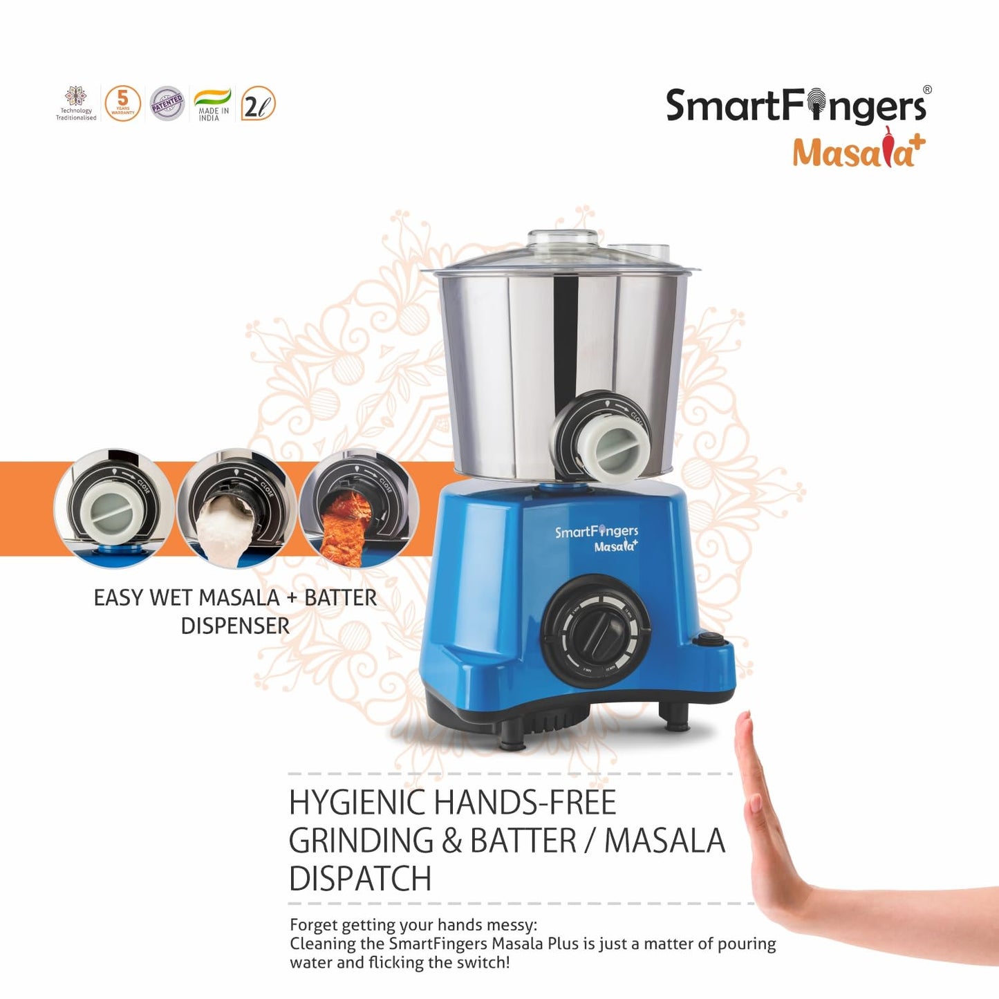 SmartFingers Masala + Table Top Masala and Batter Wet Grinder 230V 50hz, 2 Liter, Blue