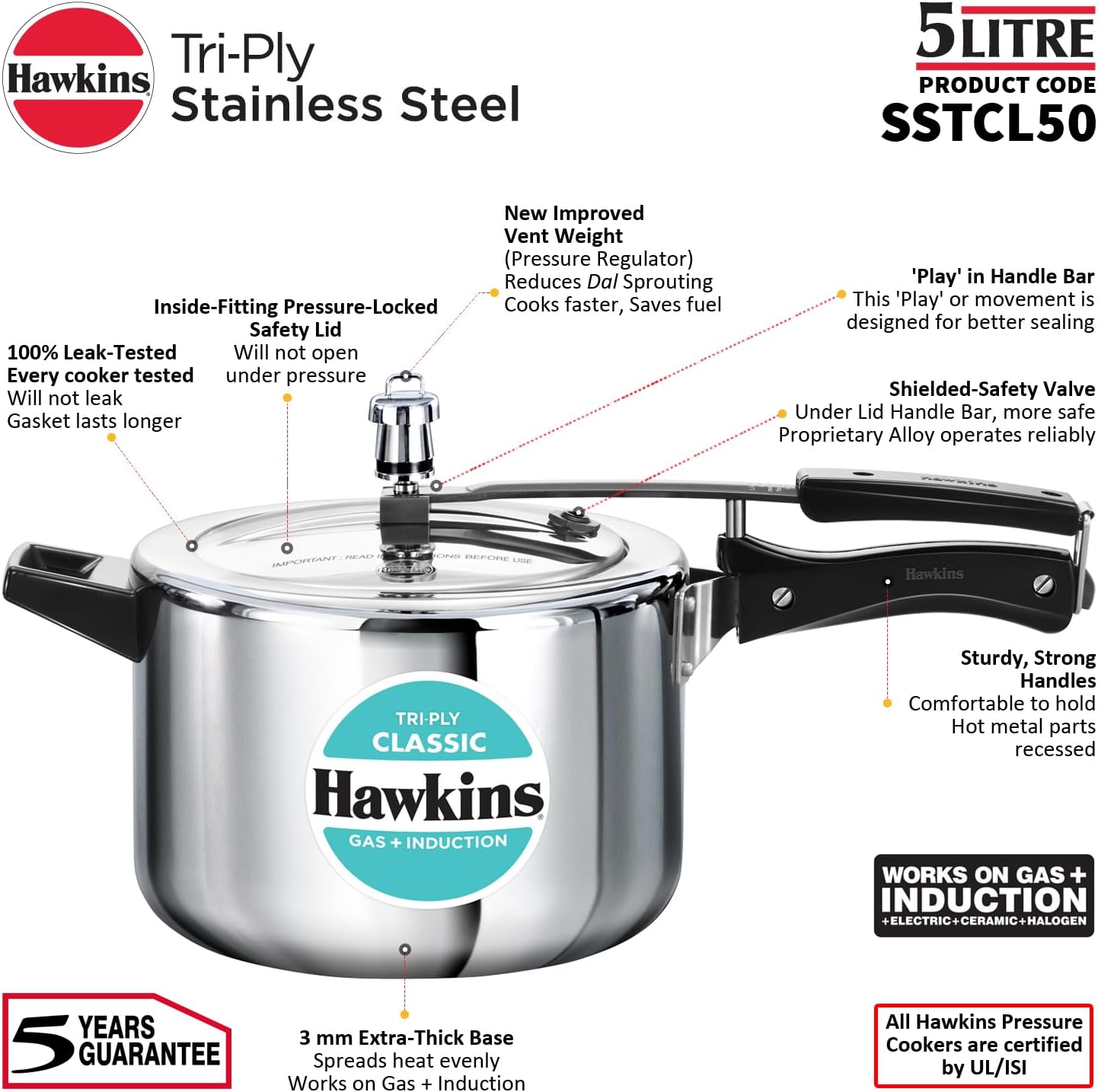 Hawkins Classic 5 Litre Tri-Ply Pressure Cooker, Triply Stainless Steel Inner Lid Cooker, Silver (SSTCL50)