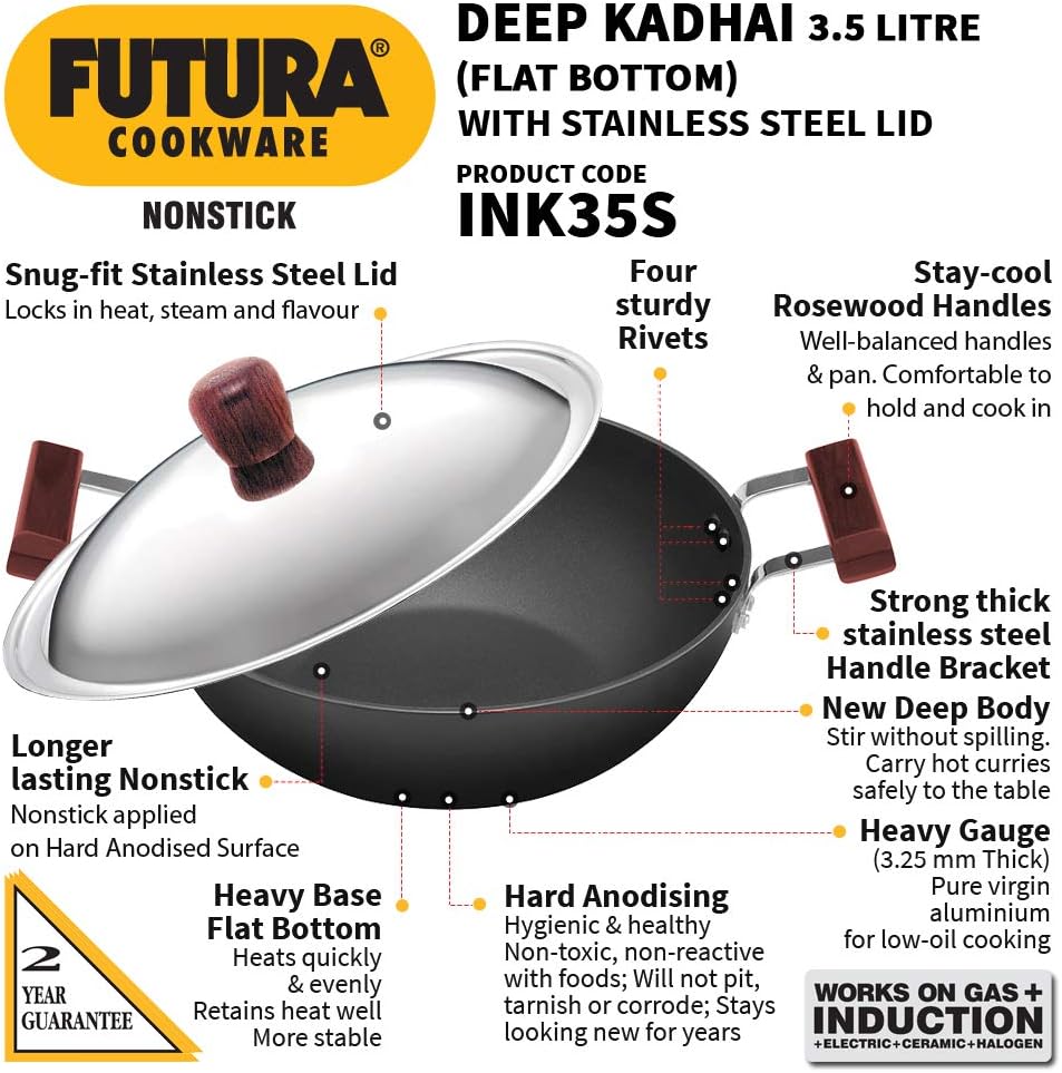 Hawkins Non-Stick Induction Compatible Flat Bottom Deep Kadhai with Stainless Steel Lid, 3.5 Litre Capacity