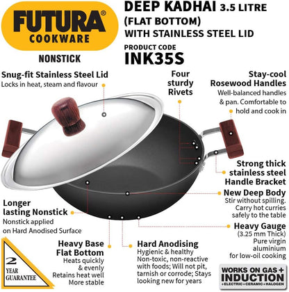 Hawkins Non-Stick Induction Compatible Flat Bottom Deep Kadhai with Stainless Steel Lid, 3.5 Litre Capacity INK35S