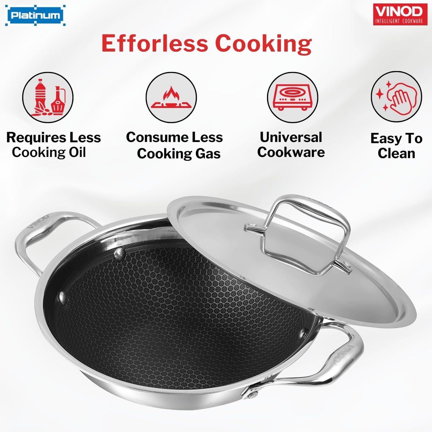 Vinod SAS Pro Platinum Triply Stainless Steel Extra Deep with Lid - 4.8 Litre, 28 cm | Stick Free Kadai for Cooking, Hexa Design Inside, Metal Spoon Safe, Gas & Induction Base, PFOA Free