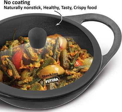 Hawkins Futura 2 Litre Cast Iron Kadhai Pan, Naturally Nonstick Cast Iron Kadai Pan with Glass Lid, Cast Iron Cookware for Kitchen, Black (CIK20G)