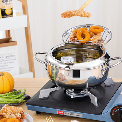 Deep Fryer Pot, Small Tempura Deep Fryer Stainless Steel Japanese Frying Pot with Thermometer, Lid and Oil Drip Drainer Rack for Home Kitchen French Fries Shrimp Chicken Wings and Shrimp(3.4L, 24CM)