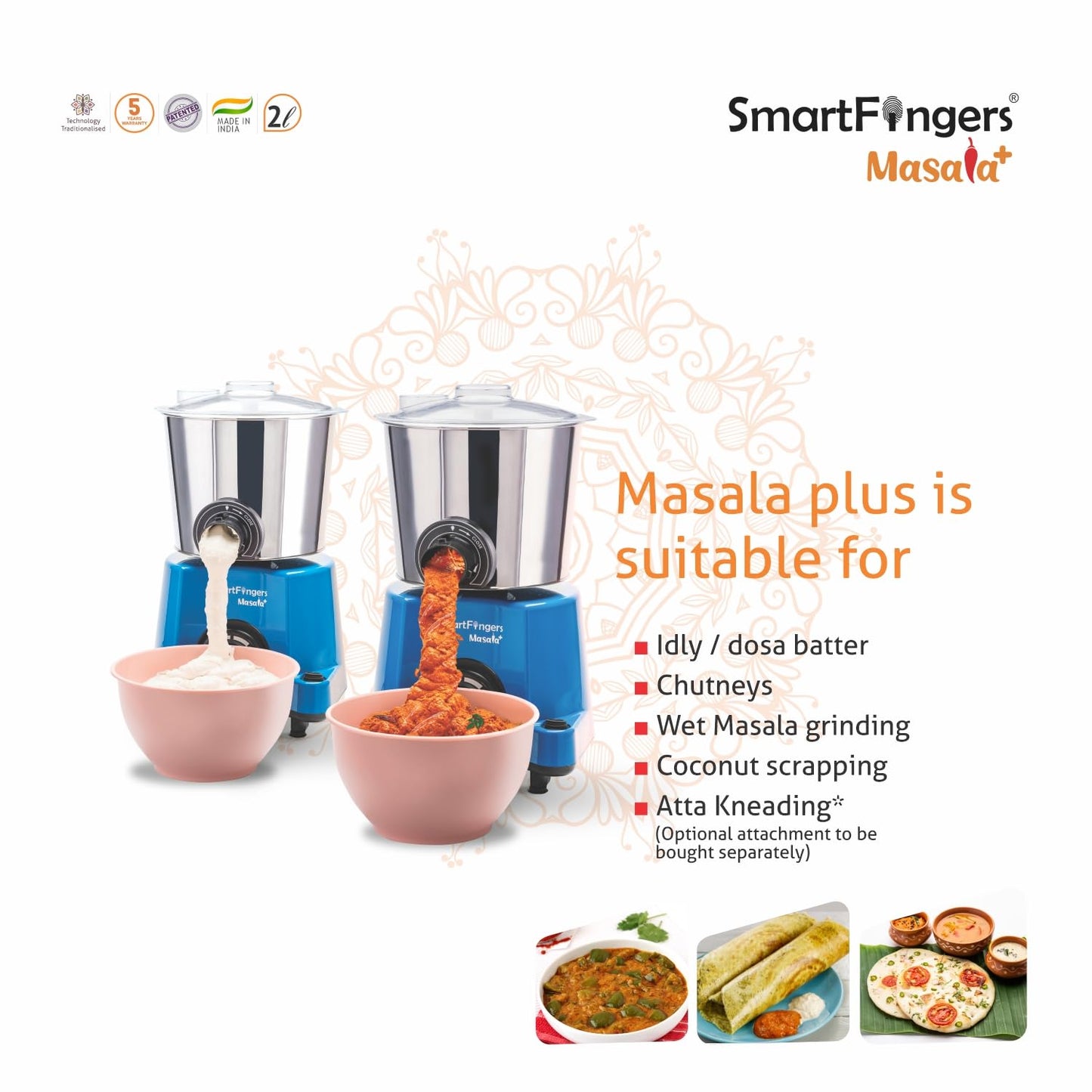 SmartFingers Masala + Table Top Masala and Batter Wet Grinder 230V 50hz, 2 Liter, Blue
