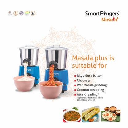 SmartFingers Masala + Table Top Masala and Batter Wet Grinder 230V 50hz, 2 Liter, Blue