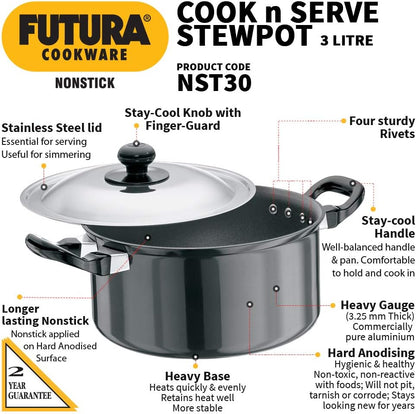 Hawkins Non-Stick Cook-N-Serve Stewpot with Glass Lid 3L , 5L