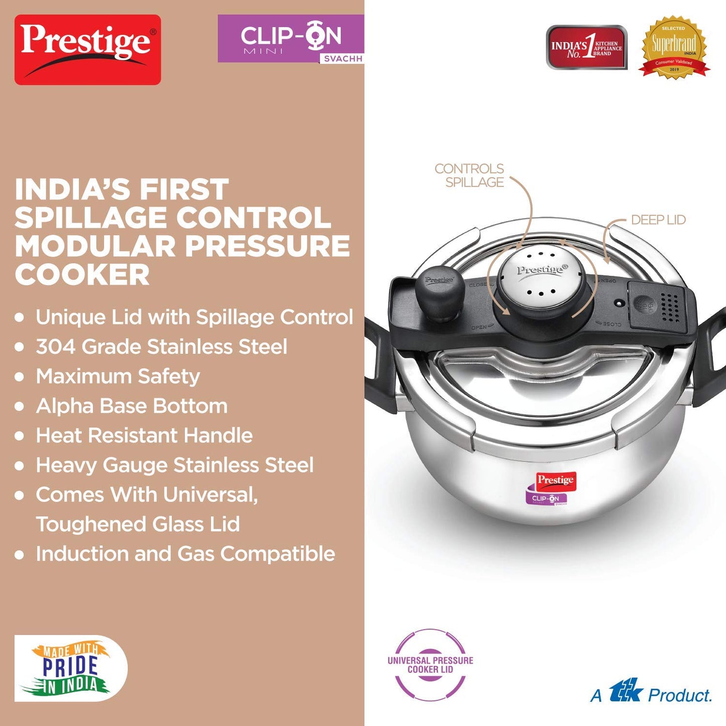 Prestige Svachh Clip-On Stainless Steel Outer Lid Pressure Handi, 3 litre , Silver