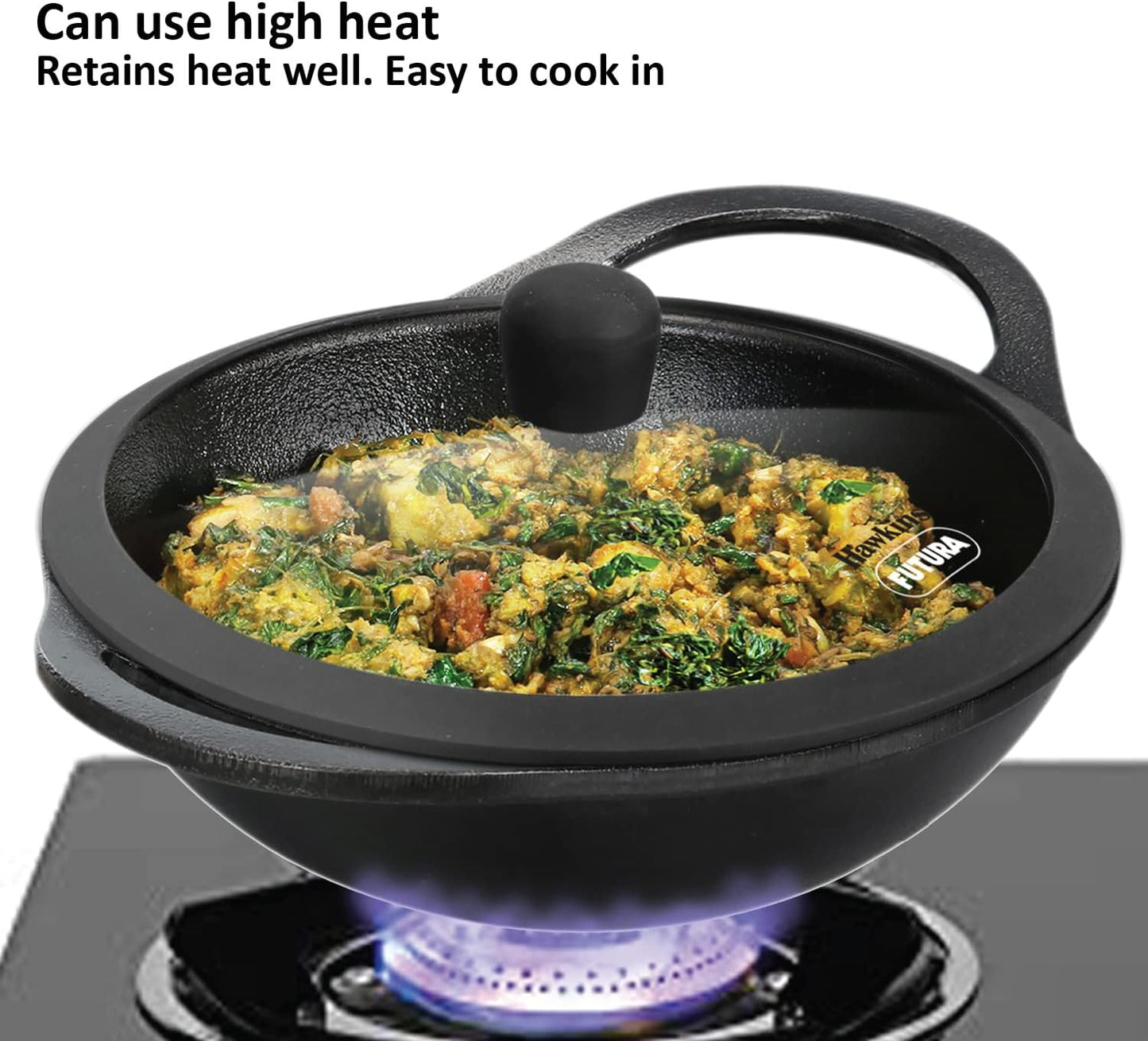 Hawkins Futura 2 Litre Cast Iron Kadhai Pan, Naturally Nonstick Cast Iron Kadai Pan with Glass Lid, Cast Iron Cookware for Kitchen, Black (CIK20G)