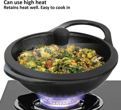 Hawkins Futura 2 Litre Cast Iron Kadhai Pan, Naturally Nonstick Cast Iron Kadai Pan with Glass Lid, Cast Iron Cookware for Kitchen, Black (CIK20G)
