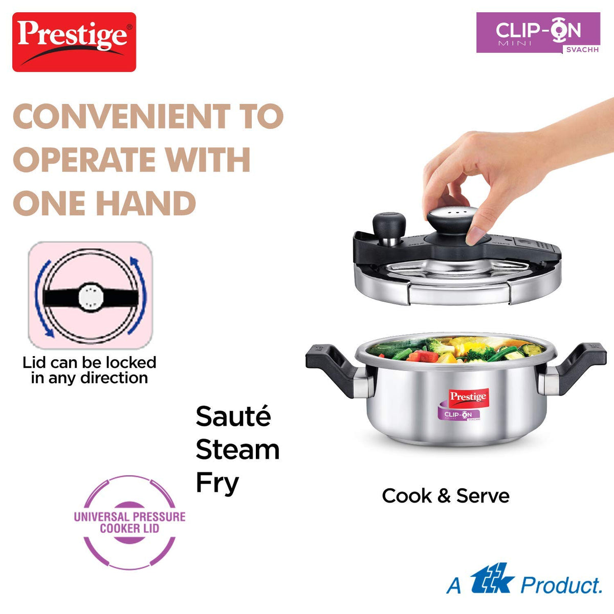 Prestige Svachh Clip-On Mini Stainless Steel 3 Litre Outer Lid Pressure Cooker, 3 Liter