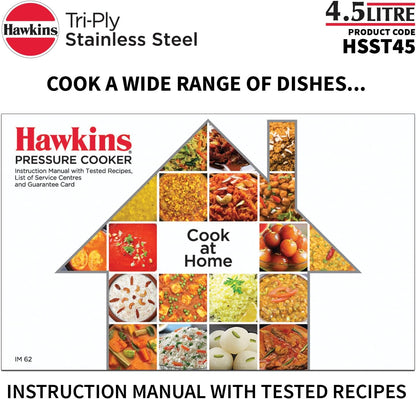 Hawkins 4.5 Litre Triply Stainless Steel Pressure Cooker, Inner Lid Cooker, Silver (HSST45)