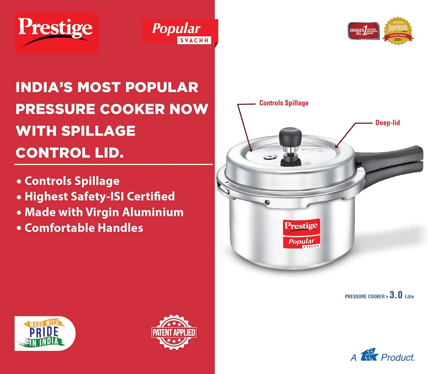 Prestige Popular Svachh Virgin Aluminium Spillage Control Outer Lid Pressure Cooker,3 Liter(Silver)