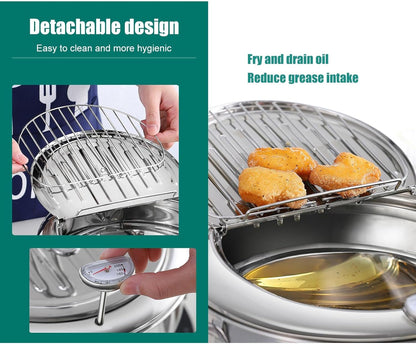 Deep Fryer Pot, 28cm Janpanse Style Tempura Frying Pot with Thermometer, Lid and Oil Drip Drainer Rack, Stainless Steel Non Stick Mini Deep Fryer for French Fries Chicken Wings