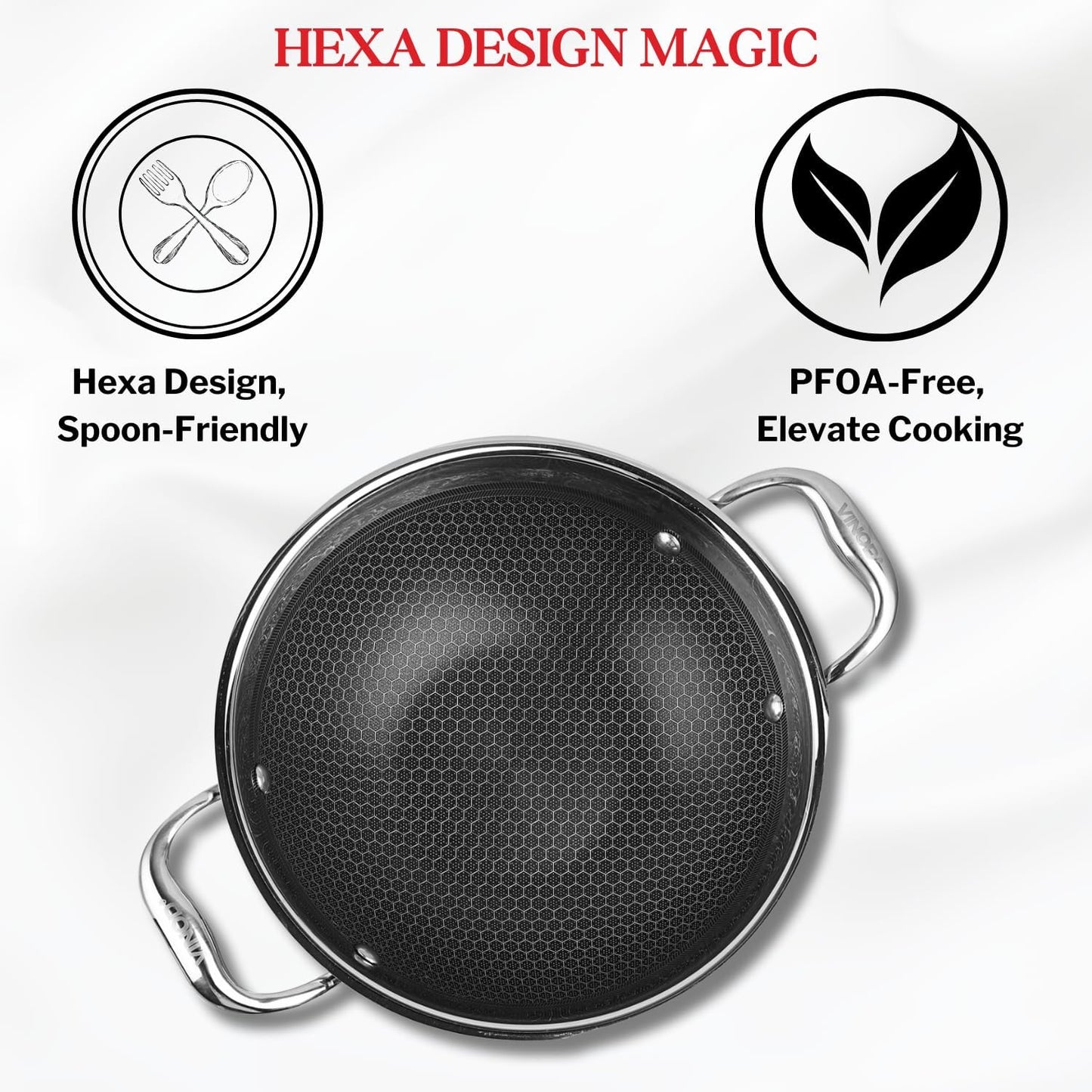 Vinod SAS Pro Platinum Triply Stainless Steel Extra Deep with Lid - 4.8 Litre, 28 cm | Stick Free Kadai for Cooking, Hexa Design Inside, Metal Spoon Safe, Gas & Induction Base, PFOA Free
