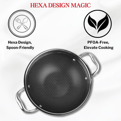 Vinod SAS Pro Platinum Triply Stainless Steel Extra Deep with Lid - 4.8 Litre, 28 cm | Stick Free Kadai for Cooking, Hexa Design Inside, Metal Spoon Safe, Gas & Induction Base, PFOA Free