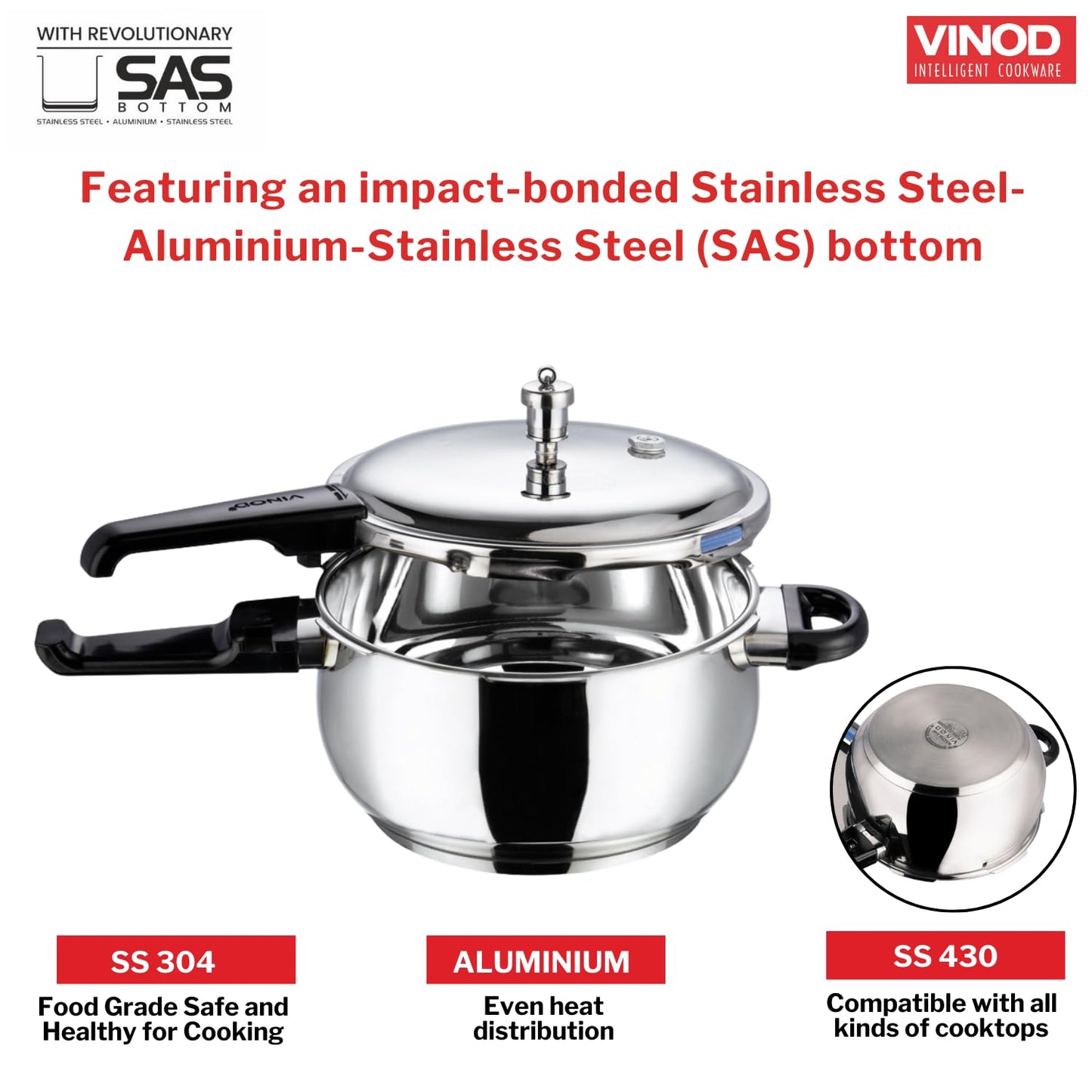 Vinod Splendid Plus Stainless Steel Outer Lid Pressure Cooker 3.5 Litre | Handi Cooker with SAS Bottom & Extra Glass Lid | Induction & Gas Compatible | ISI & CE Certified
