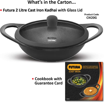 Hawkins Futura 2 Litre Cast Iron Kadhai Pan, Naturally Nonstick Cast Iron Kadai Pan with Glass Lid, Cast Iron Cookware for Kitchen, Black (CIK20G)