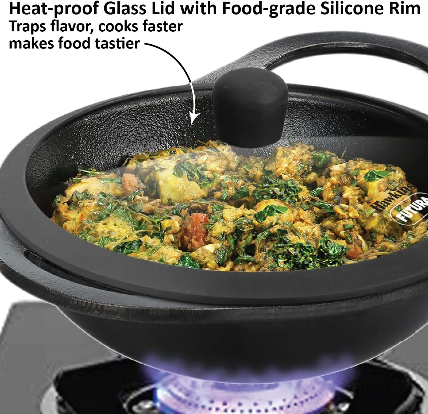 Hawkins Futura 2 Litre Cast Iron Kadhai Pan, Naturally Nonstick Cast Iron Kadai Pan with Glass Lid, Cast Iron Cookware for Kitchen, Black (CIK20G)