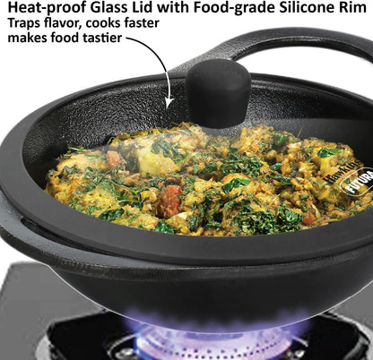 Hawkins Futura 2 Litre Cast Iron Kadhai Pan, Naturally Nonstick Cast Iron Kadai Pan with Glass Lid, Cast Iron Cookware for Kitchen, Black (CIK20G)