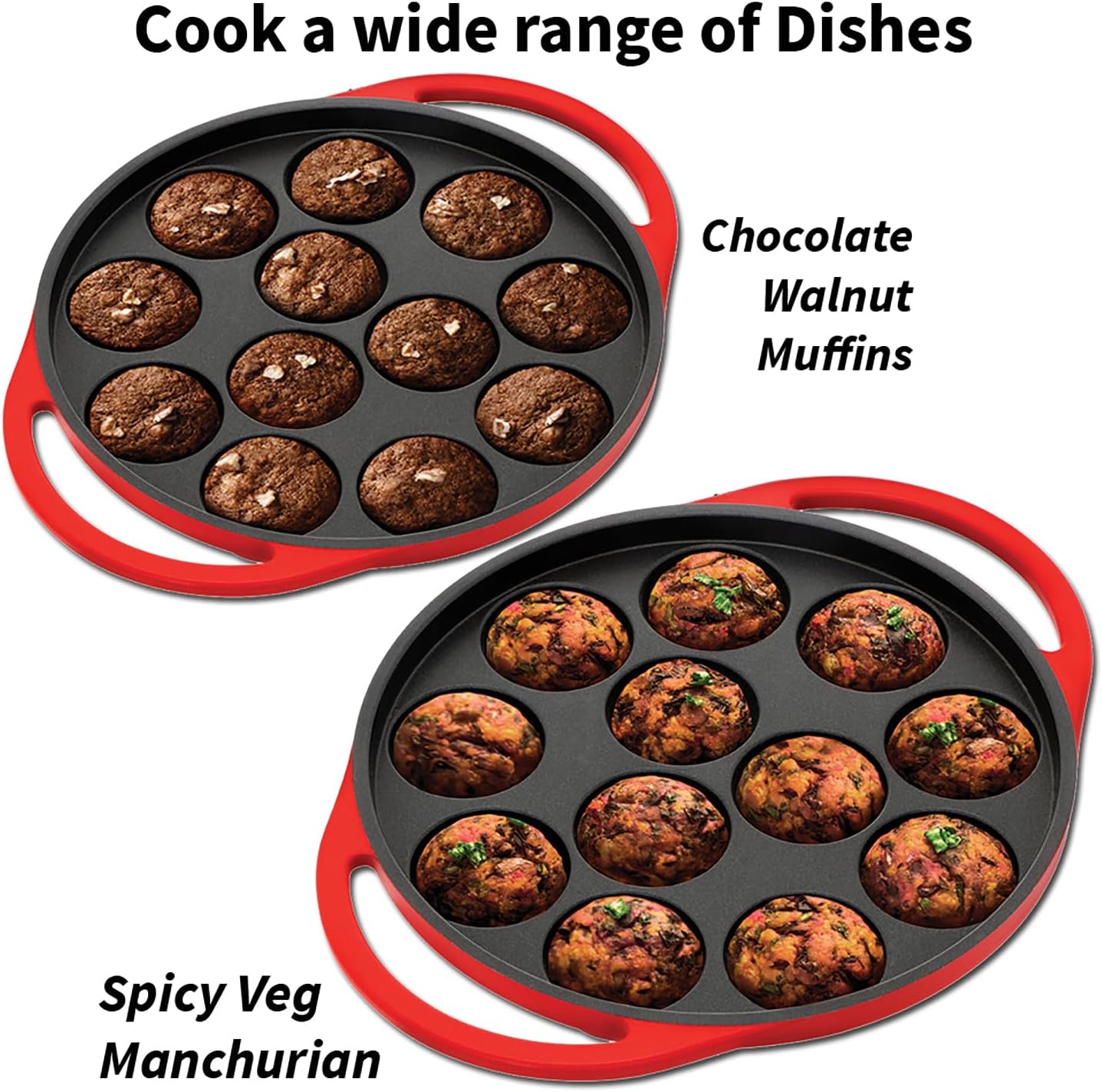 HAWKINS Futura Pan-NAPE26G Appe, Non Stick Glass Lid, Paniyarakkal Ceramic, Litti, Kuzhi Paniyaram, Ponganalu Pan, 26 cm, Red
