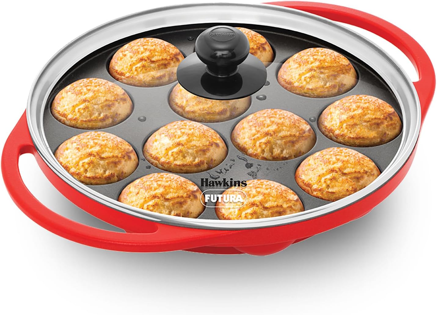 HAWKINS Futura Pan-NAPE26G Appe, Non Stick Glass Lid, Paniyarakkal Ceramic, Litti, Kuzhi Paniyaram, Ponganalu Pan, 26 cm, Red