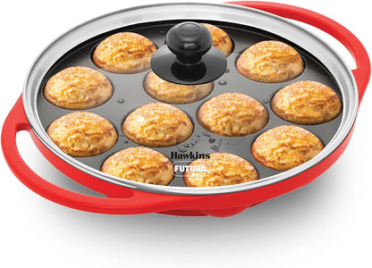 HAWKINS Futura Pan-NAPE26G Appe, Non Stick Glass Lid, Paniyarakkal Ceramic, Litti, Kuzhi Paniyaram, Ponganalu Pan, 26 cm, Red