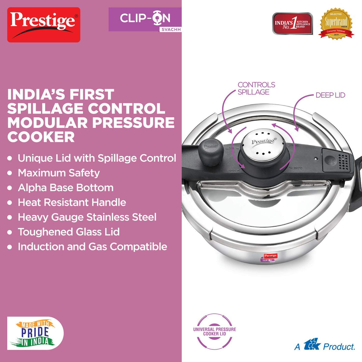 Prestige Svachh Clip-On 3.5 Litre Stainless Steel Outer Lid Pressure Kadai, 3.5 Liter