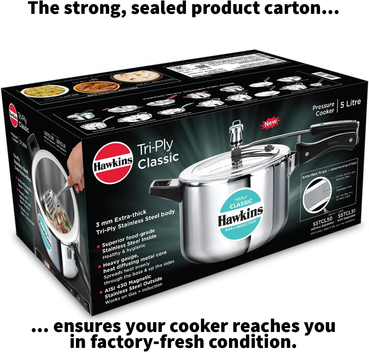 Hawkins Classic 5 Litre Tri-Ply Pressure Cooker, Triply Stainless Steel Inner Lid Cooker, Silver (SSTCL50)