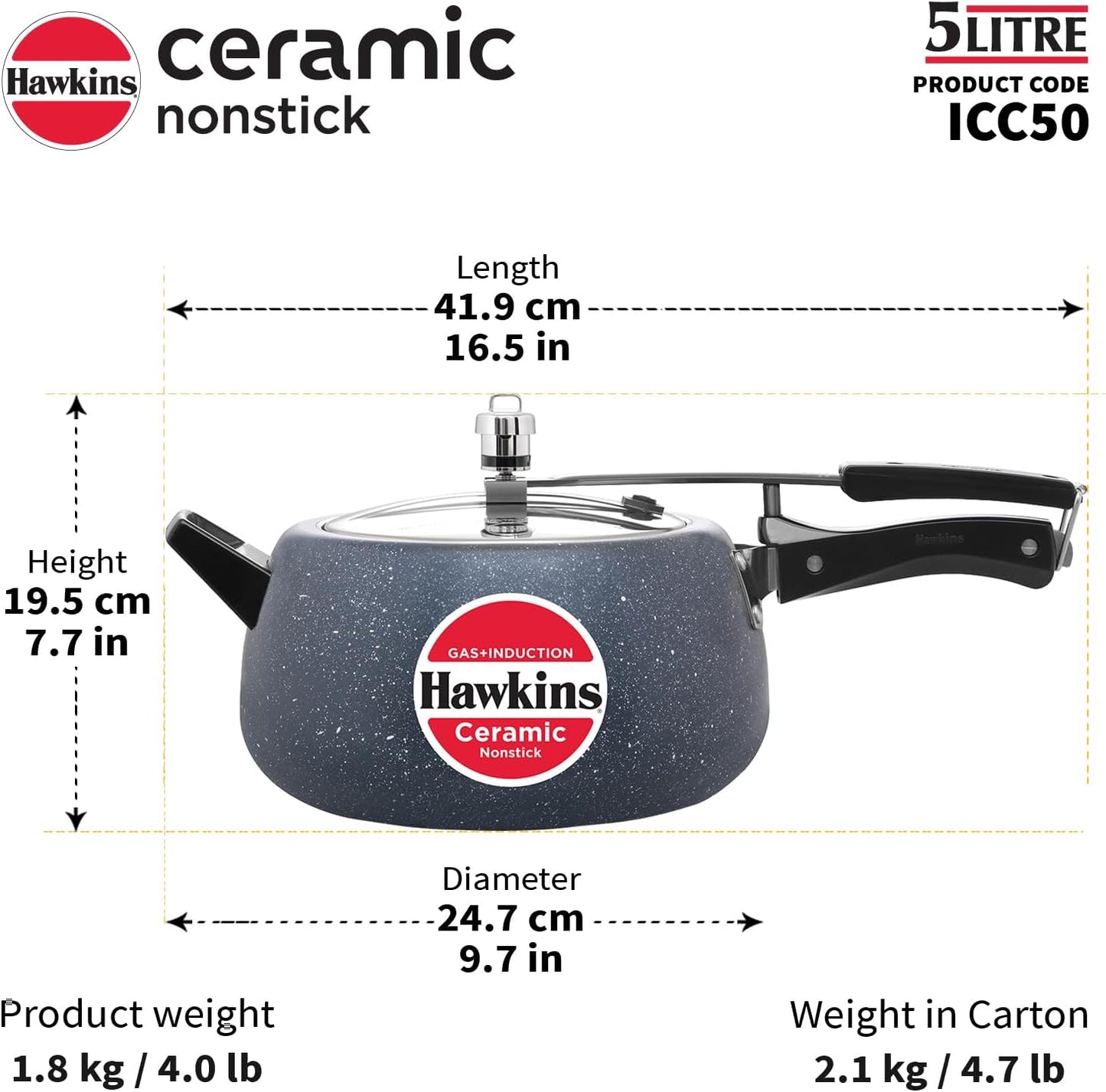 Hawkins 5 Litre Ceramic Nonstick Pressure Cooker, Induction Inner Lid, Granite Contura Shaped, Best Cooker, Blue (ICC50)