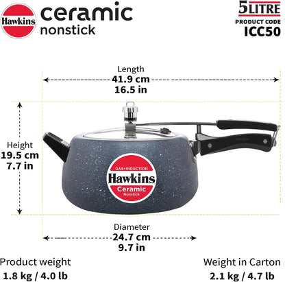 Hawkins 5 Litre Ceramic Nonstick Pressure Cooker, Induction Inner Lid, Granite Contura Shaped, Best Cooker, Blue (ICC50)