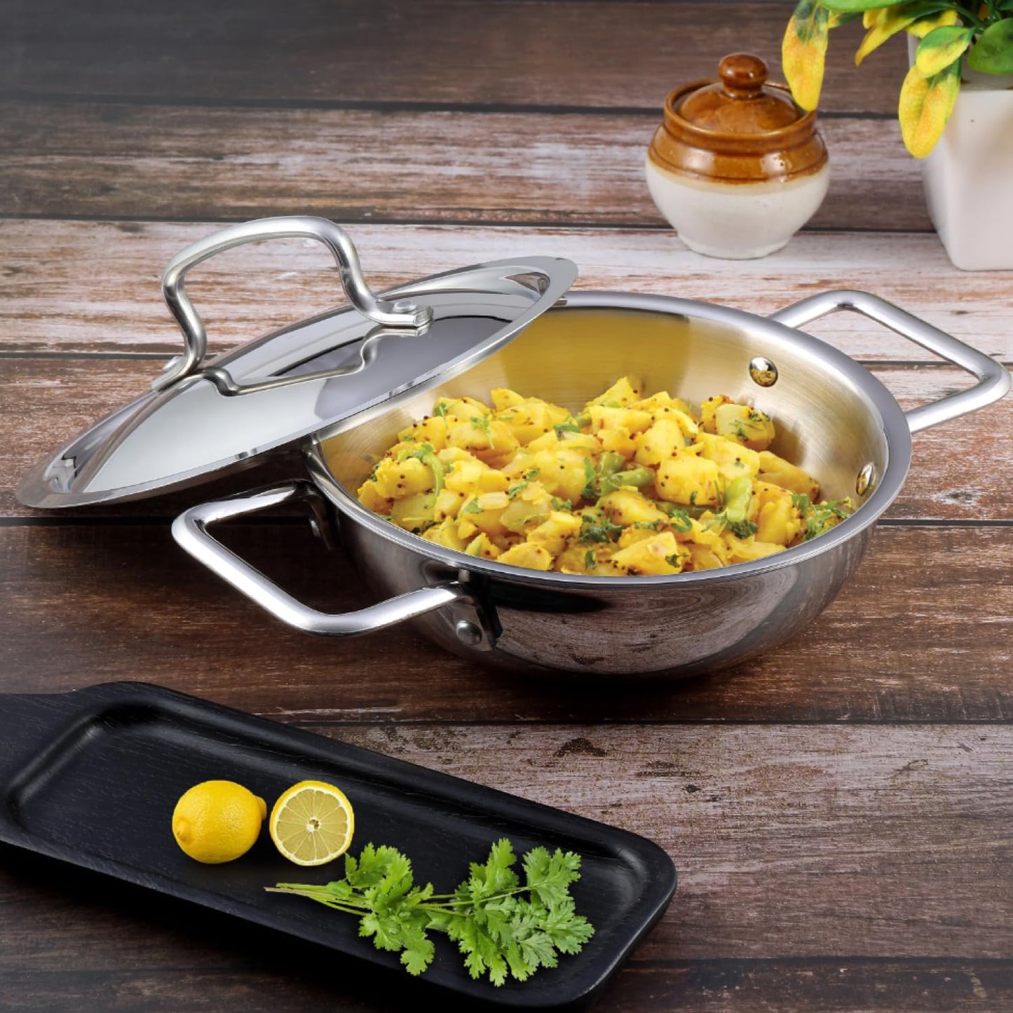 VINOD Platinum TRIPLY Stainless Steel Extra DEEP KADAI/KADHAI with Stainless Steel LID - 1.5 litres (20 CM), VTK020, Cooking Pot, FRYPAN, Casserole