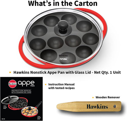 HAWKINS Futura Pan-NAPE26G Appe, Non Stick Glass Lid, Paniyarakkal Ceramic, Litti, Kuzhi Paniyaram, Ponganalu Pan, 26 cm, Red