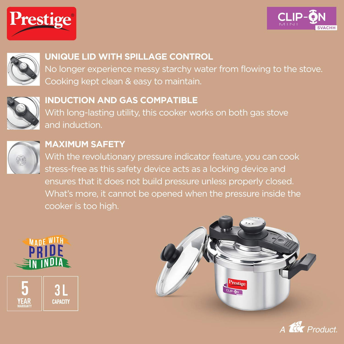 Prestige Svachh Clip-On Mini Stainless Steel 3 Litre Outer Lid Pressure Cooker, 3 Liter