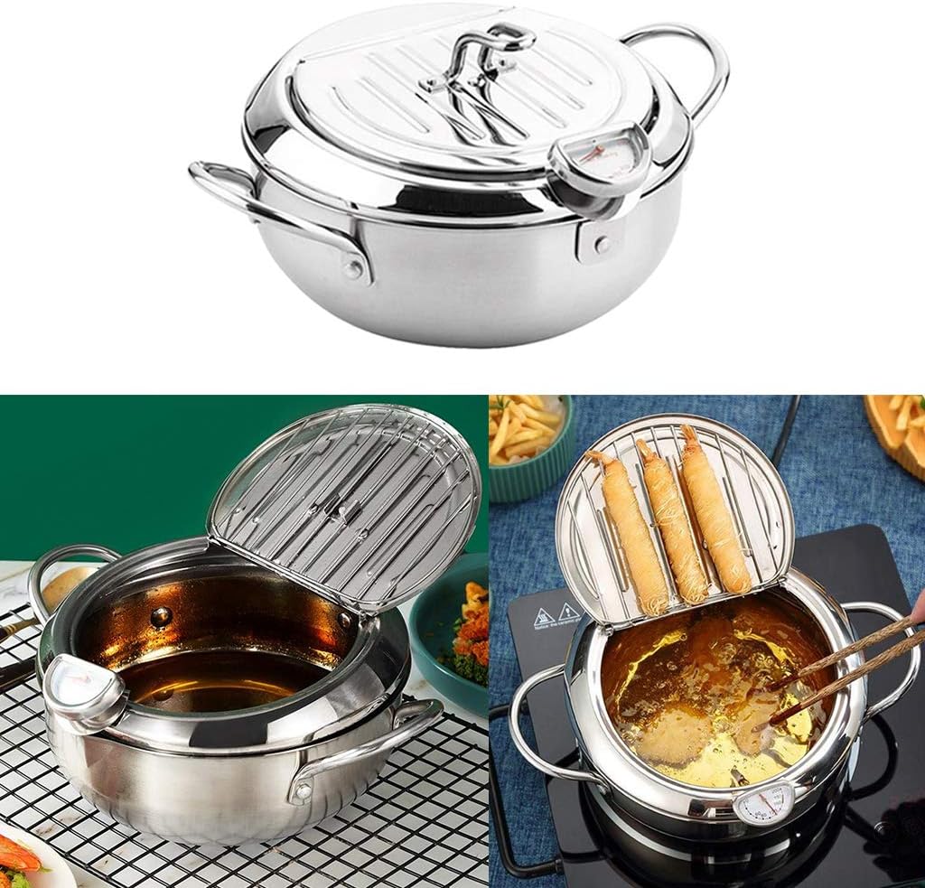 Japanese Style Tempura Deep Fryer Pot Practical Frying Pan with Drainage Lid - 20cm