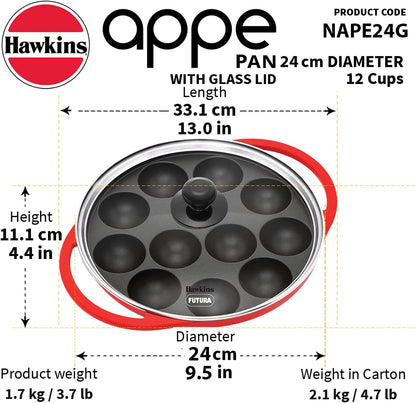 HAWKINS Futura Pan-NAPE26G Appe, Non Stick Glass Lid, Paniyarakkal Ceramic, Litti, Kuzhi Paniyaram, Ponganalu Pan, 26 cm, Red
