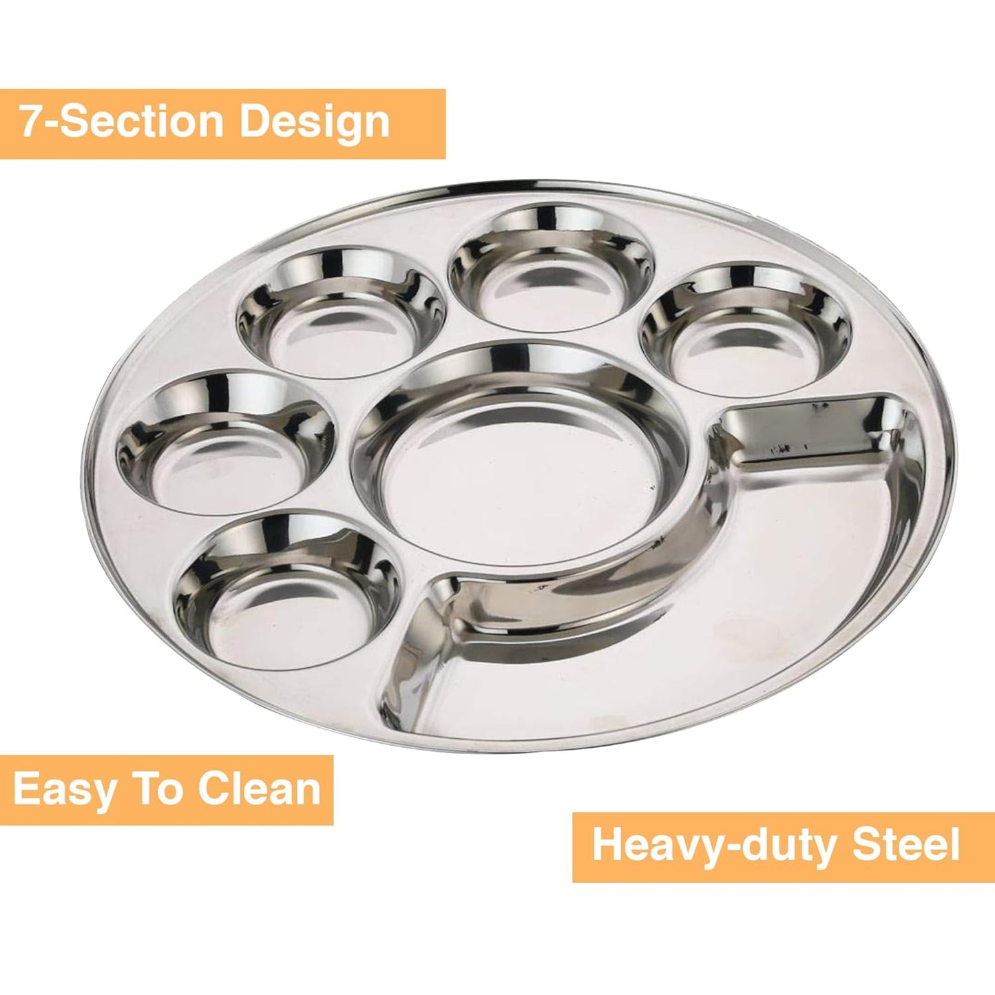 Ramco Stainless Steel - Round 7 Compartment Thali Dinner Plate (Pack of 2)