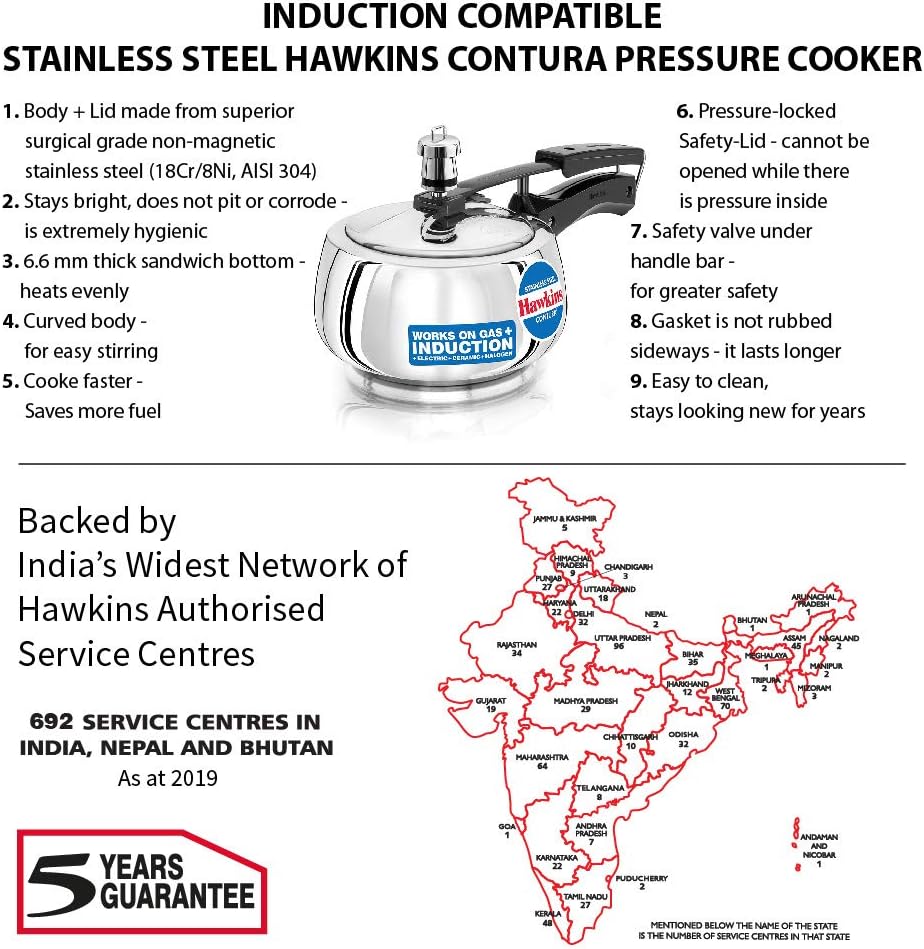 Hawkins Contura Stainless Steel Pressure Cooker, 5.0 Liter Capacity