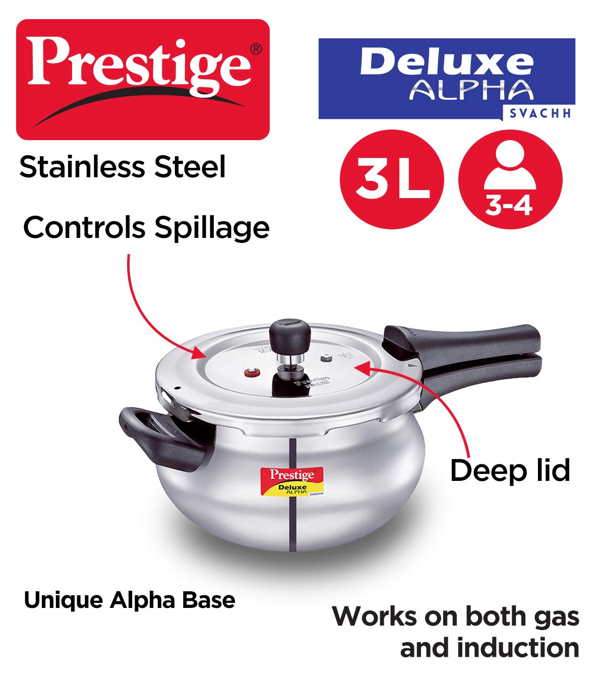 Prestige Svachh Deluxe Alpha Mini Pressure Handi,With Deep Lid For Spillage Control,3 Liter,Stainless Steel,Silver,Outer Lid