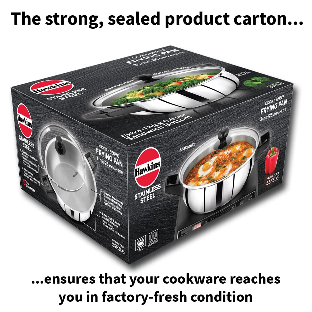Hawkins 3 Litre Cook n Serve Frying Pan, Stainless Steel Fry Pan with Glass Lid, Induction Frying Pan, Frypan for Cooking and Serving, Silver (SSF3LG)