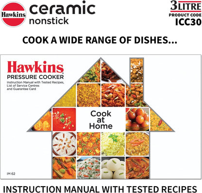 Hawkins 3 Litre Ceramic Nonstick Pressure Cooker, Induction Inner Lid Cooker, Granite Contura shaped Cooker, Best Cooker, Blue (ICC30)