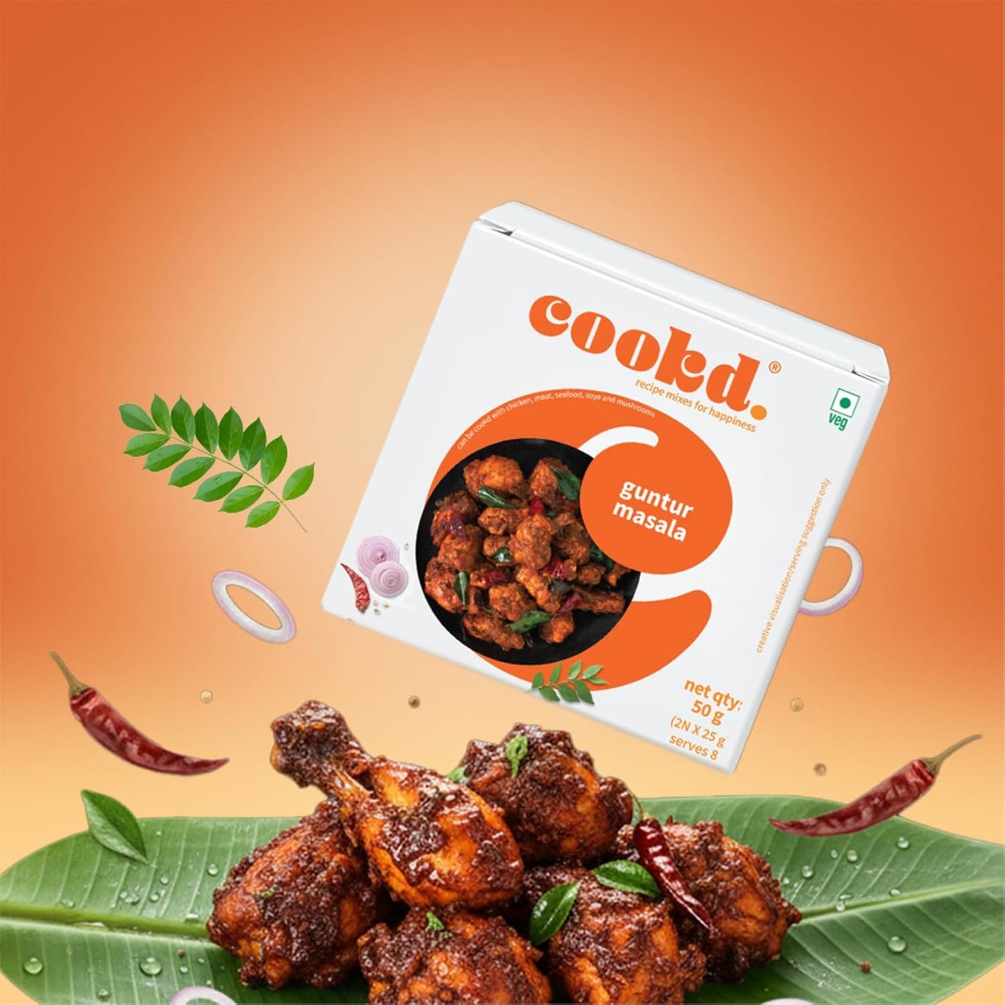 Cookd Guntur Masala 50g (Pack of 2) | Ready To Cook in 15 Minutes | Can be cooked with Paneer, Vegetables, Chicken, Fish & Meat | No Added Flavours, Preservatives & Artificial Colors