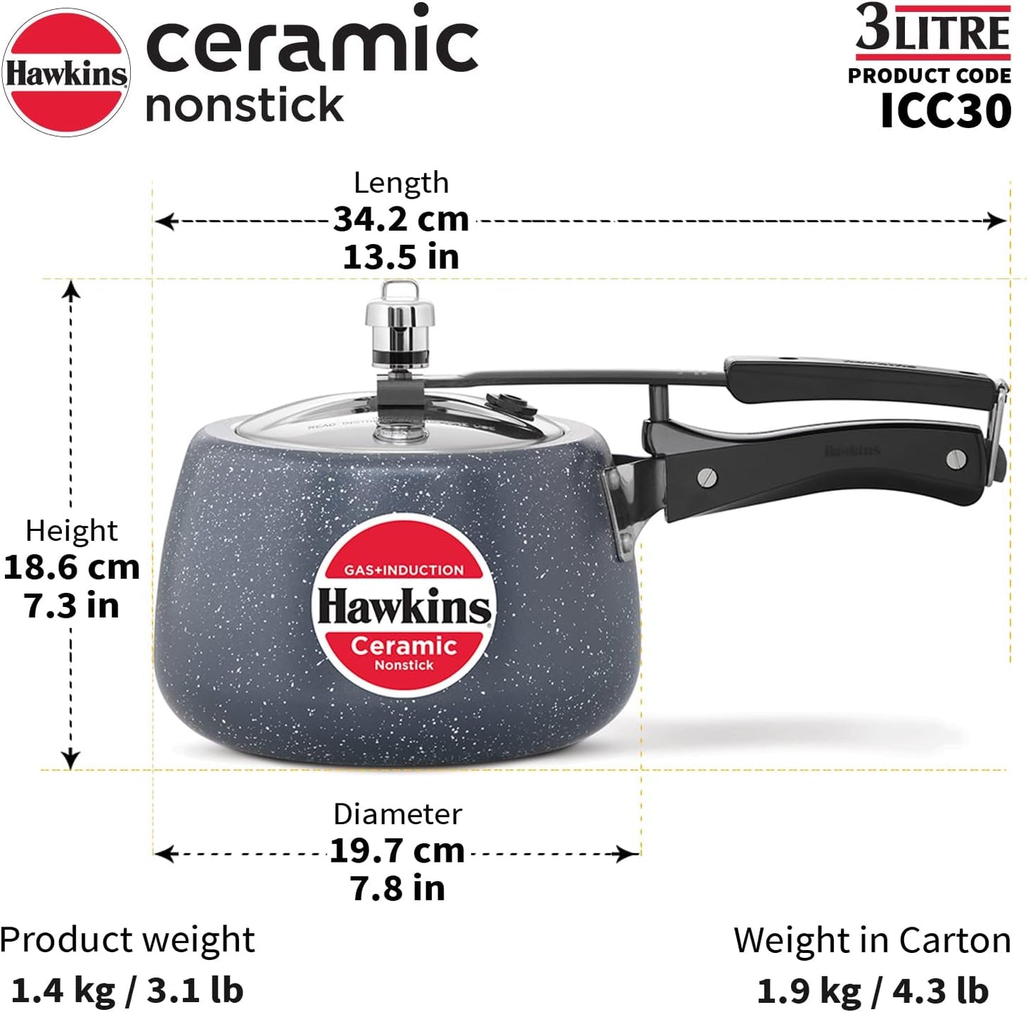 Hawkins 3 Litre Ceramic Nonstick Pressure Cooker, Induction Inner Lid Cooker, Granite Contura shaped Cooker, Best Cooker, Blue (ICC30)
