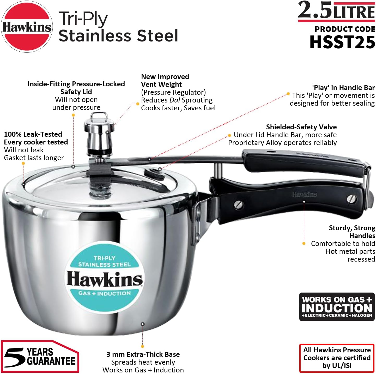 Hawkins 2.5 Litre Triply Stainless Steel Pressure Cooker, Inner Lid Cooker, Silver (HSST25)