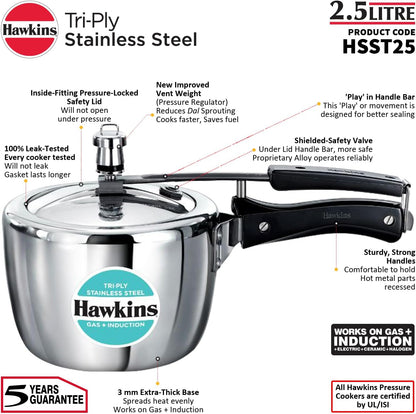 Hawkins 2.5 Litre Triply Stainless Steel Pressure Cooker, Inner Lid Cooker, Silver (HSST25)