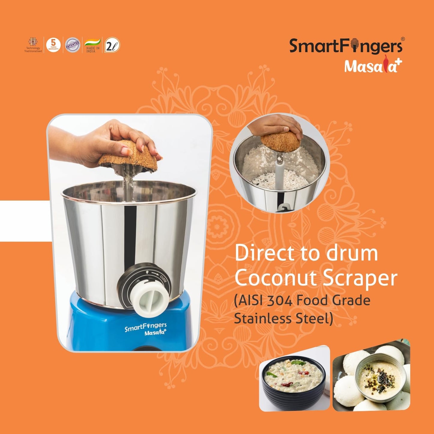 SmartFingers Masala + Table Top Masala and Batter Wet Grinder 230V 50hz, 2 Liter, Blue