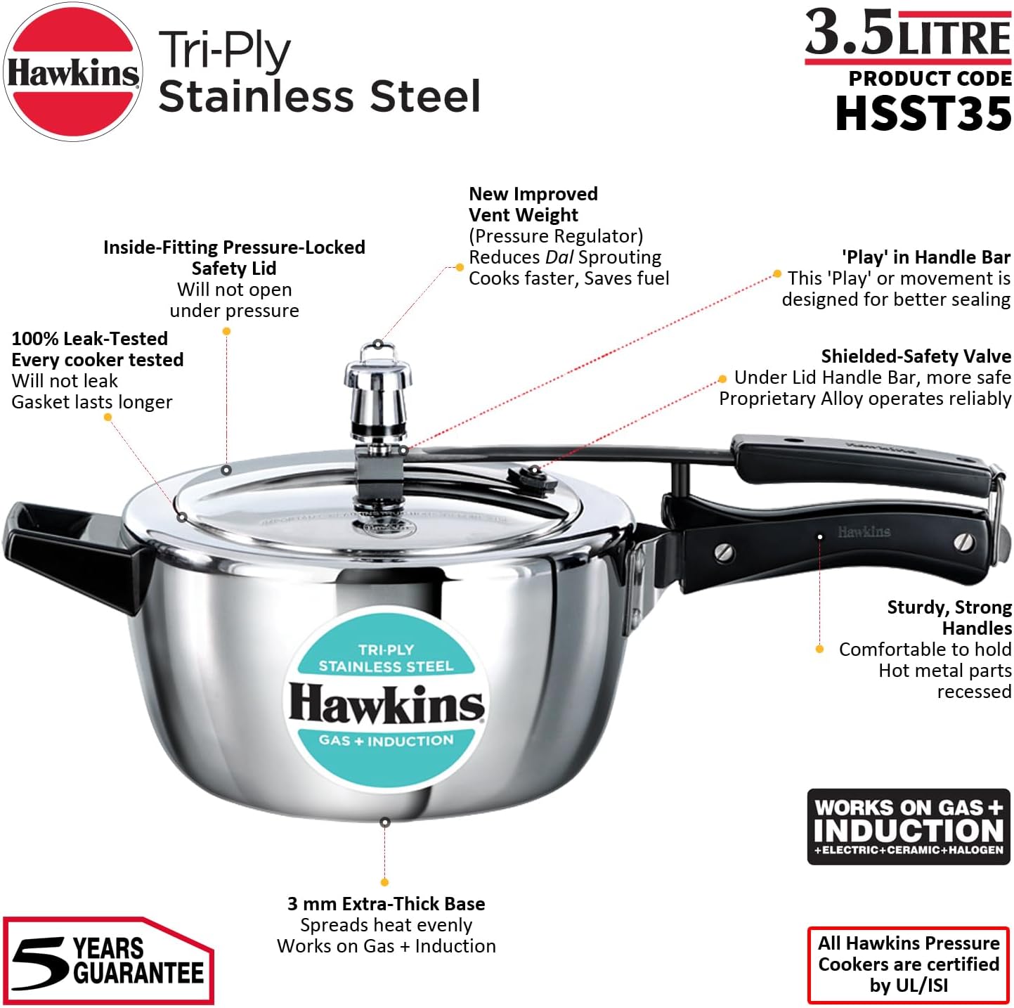 Hawkins 3.5 Litre Triply Stainless Steel Pressure Cooker, Inner Lid Cooker, Silver (HSST35)