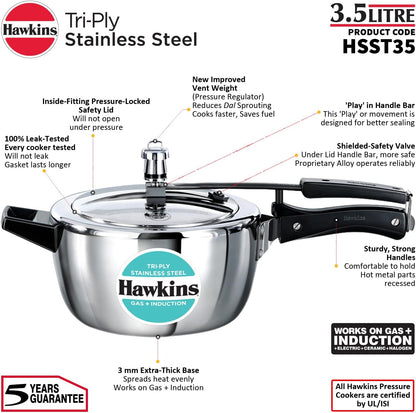Hawkins 3.5 Litre Triply Stainless Steel Pressure Cooker, Inner Lid Cooker, Silver (HSST35)
