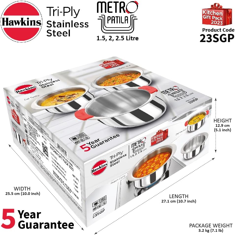 Hawkins Kitchen Gift Pack 2023 (23SGP) 3 Pieces Set of 1.5 Litre, 2 Litre and 2.5 Litre Triply Stainless Steel Patila, Tope, Bhagona, Tapeli, Saucepans